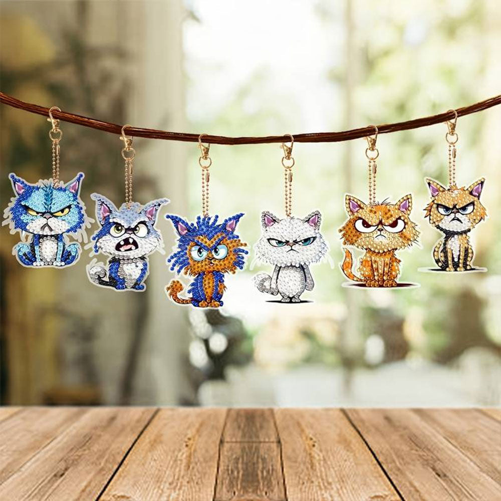5D Diamond Painting Keychain Bad Cats 6 Pieces