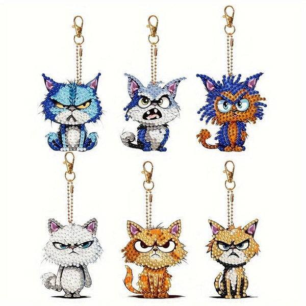 5D Diamond Painting Keychain Bad Cats 6 Pieces