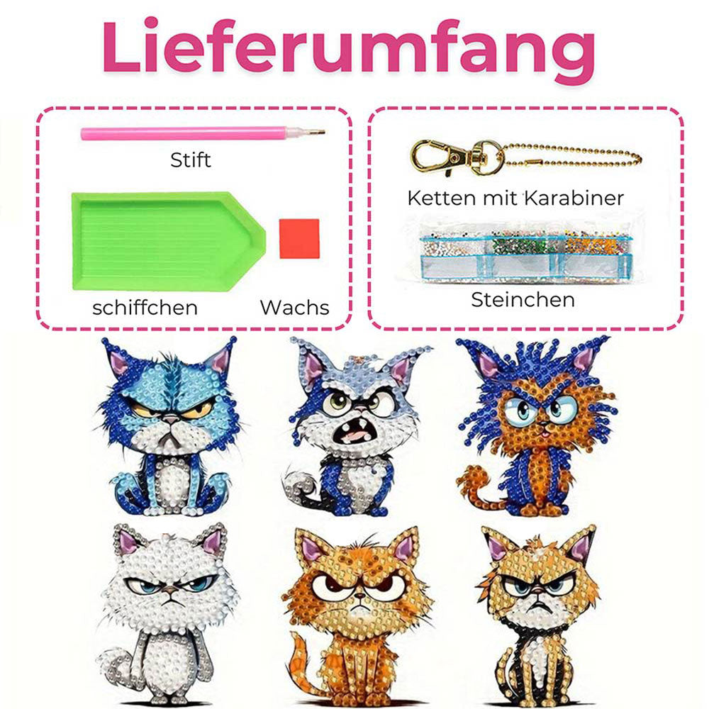 5D Diamond Painting Keychain Bad Cats 6 Pieces