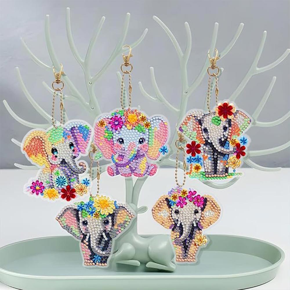 5D Diamond Painting Keychain with Elephants 5 Pieces