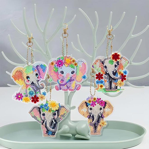 5D Diamond Painting Keychain with Elephants 5 Pieces