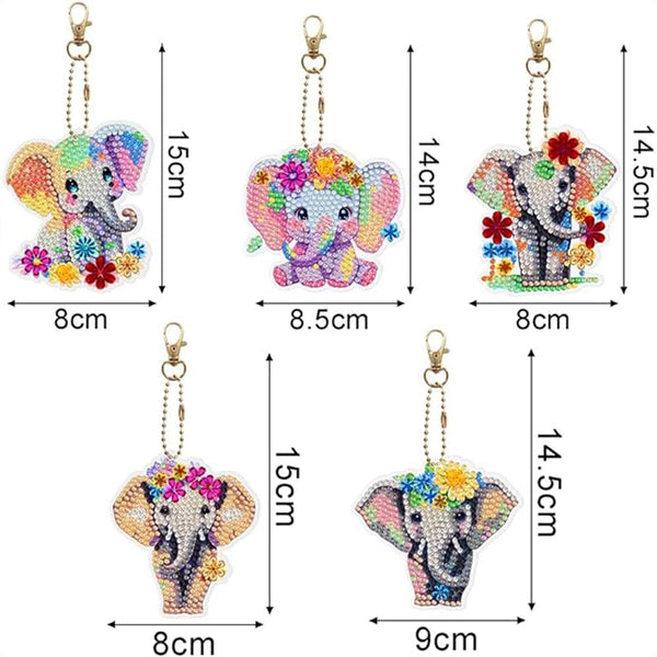 5D Diamond Painting Keychain with Elephants 5 Pieces