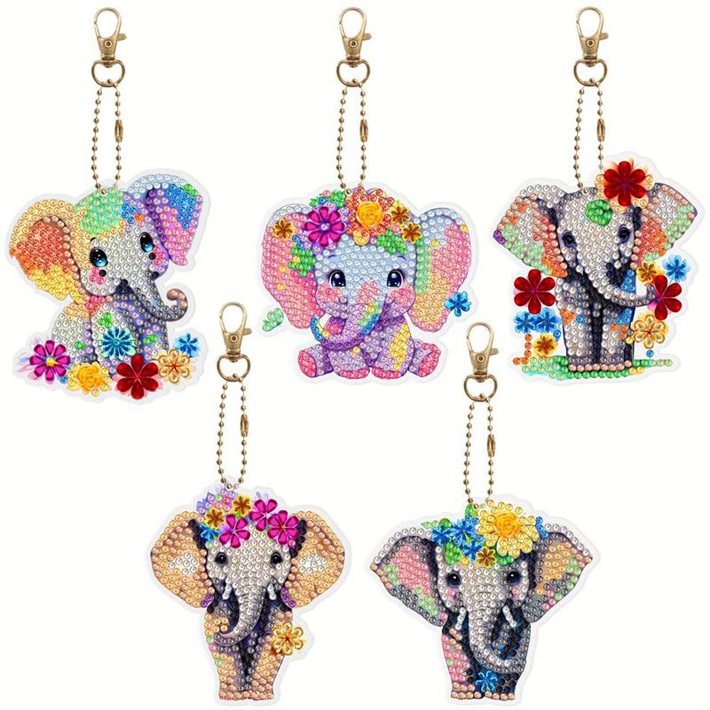 5D Diamond Painting Keychain with Elephants 5 Pieces