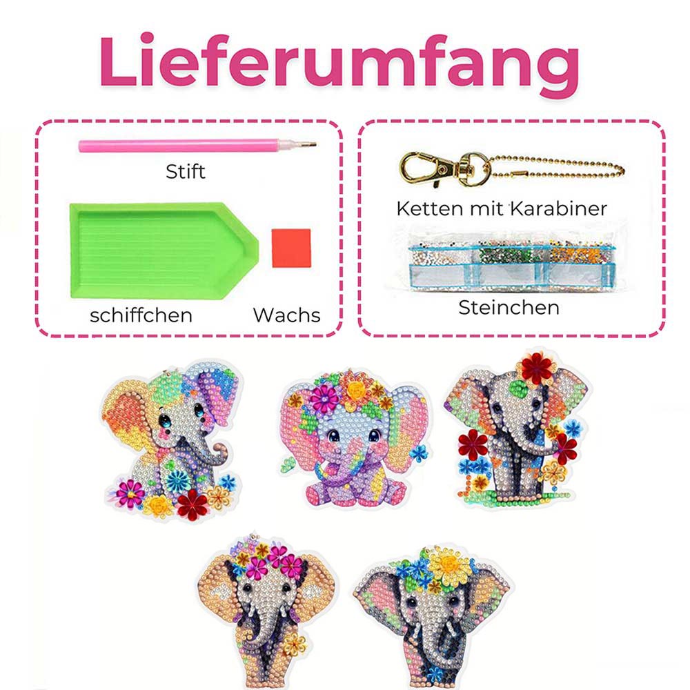 5D Diamond Painting Keychain with Elephants 5 Pieces