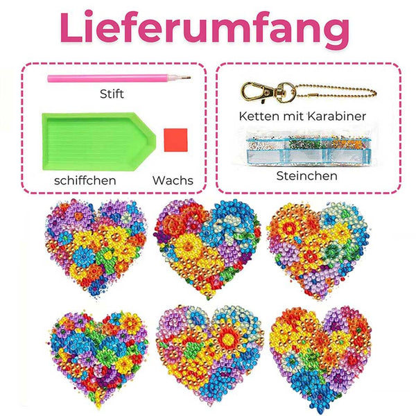 5D Diamond Painting Keychain Flower Heart 6 Pieces
