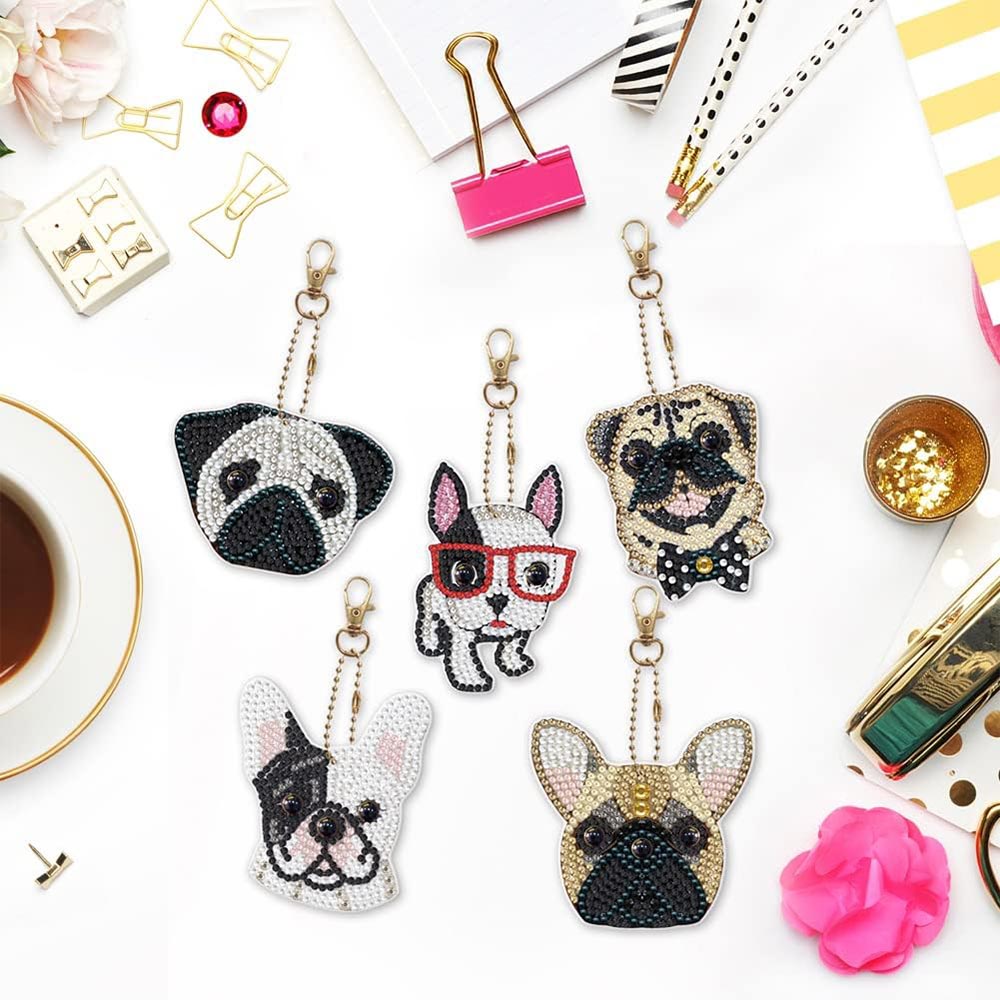 5D Diamond Painting Keychain with Dogs 5 Pieces