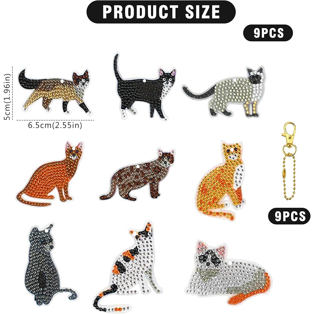 5D Diamond Painting Keychain Cats 9 Pieces
