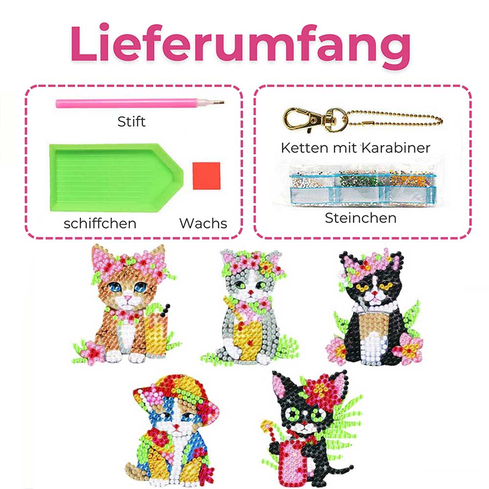 5D Diamond Painting Keychain with Cats 5 Pieces