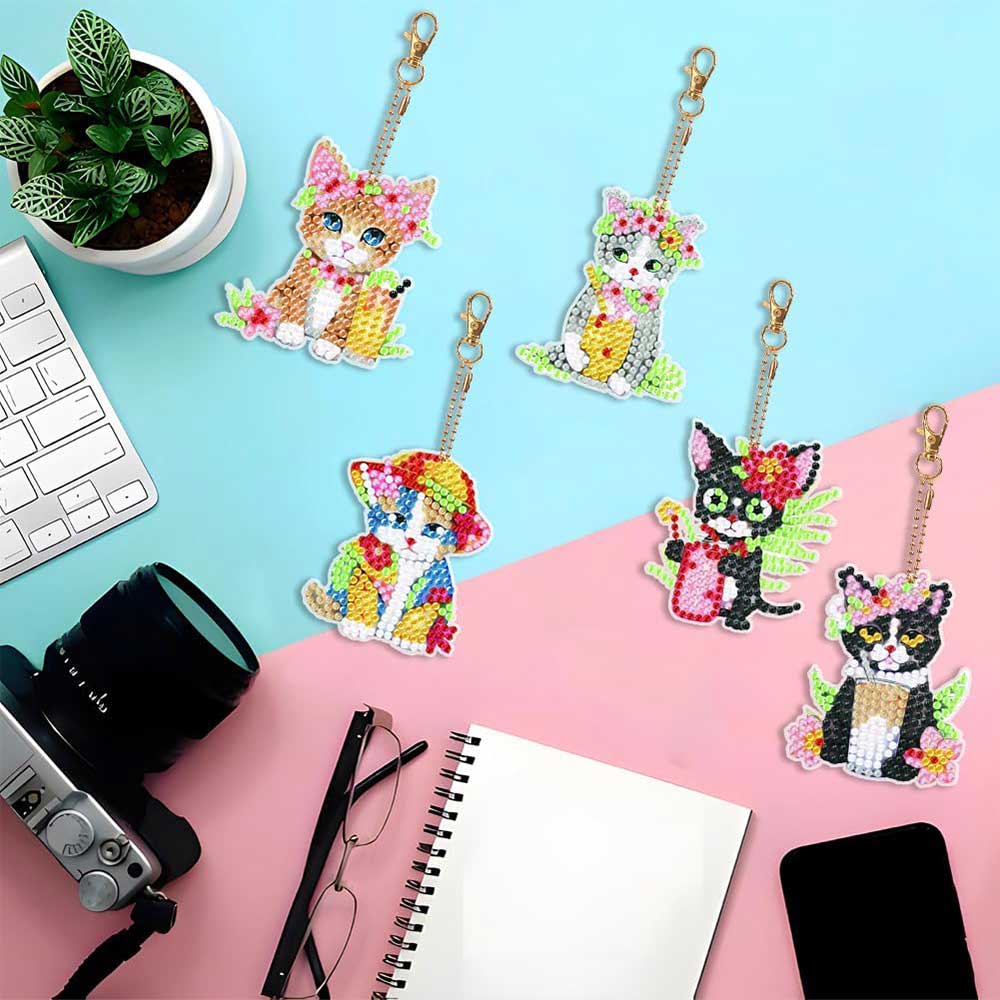 5D Diamond Painting Keychain with Cats 5 Pieces