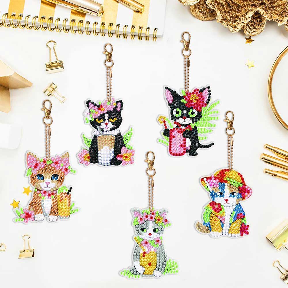 5D Diamond Painting Keychain with Cats 5 Pieces