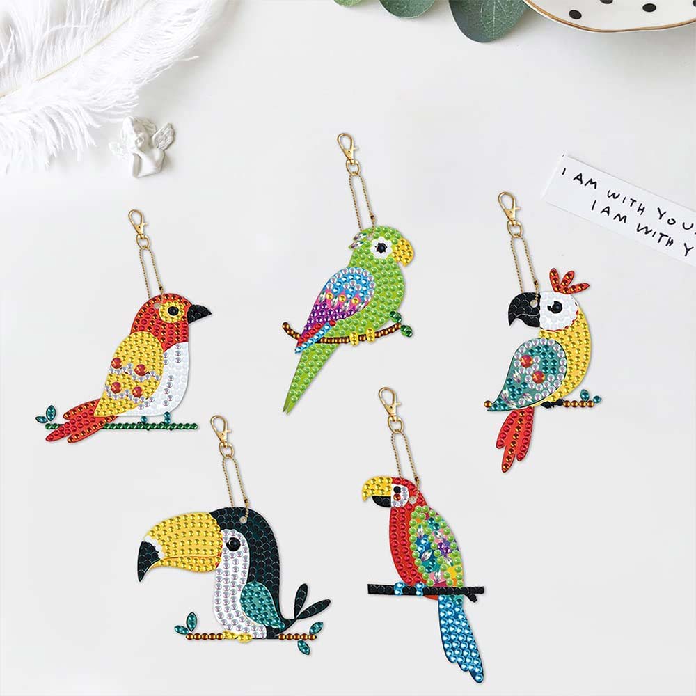 5D Diamond Painting Keychain Parrots 5 Pieces