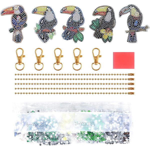 5D Diamond Painting Keychain with Parrots 5 Pieces