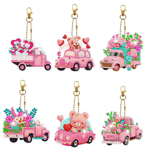 5D Diamond Painting Keychain Pink Car 6 Pieces