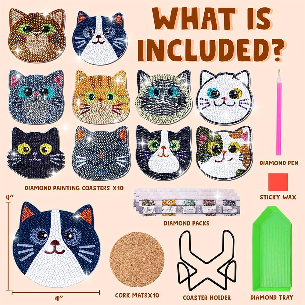 5D Diamond Painting Coaster Cats 10 Pieces