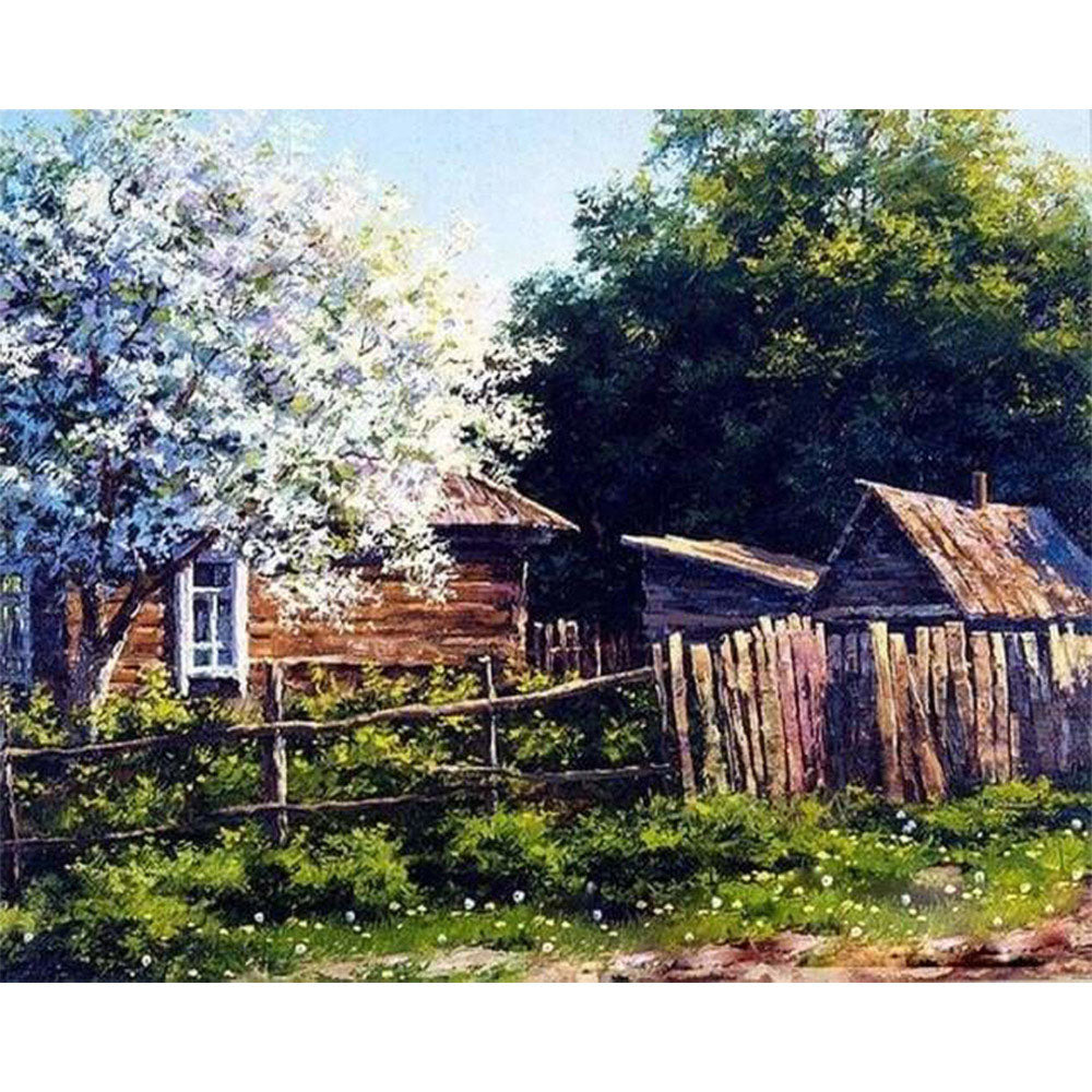 paint by numbers | Cabin and White Tree | advanced landscapes trees | FiguredArt
