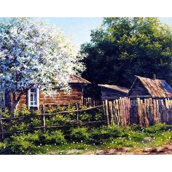 paint by numbers | Cabin and White Tree | advanced landscapes trees | FiguredArt