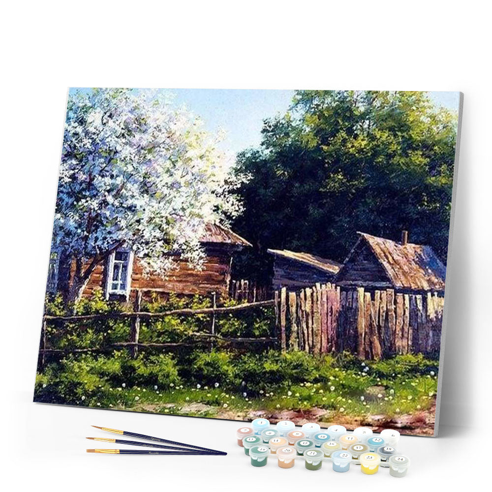 paint by numbers | Cabin and White Tree | advanced landscapes trees | FiguredArt