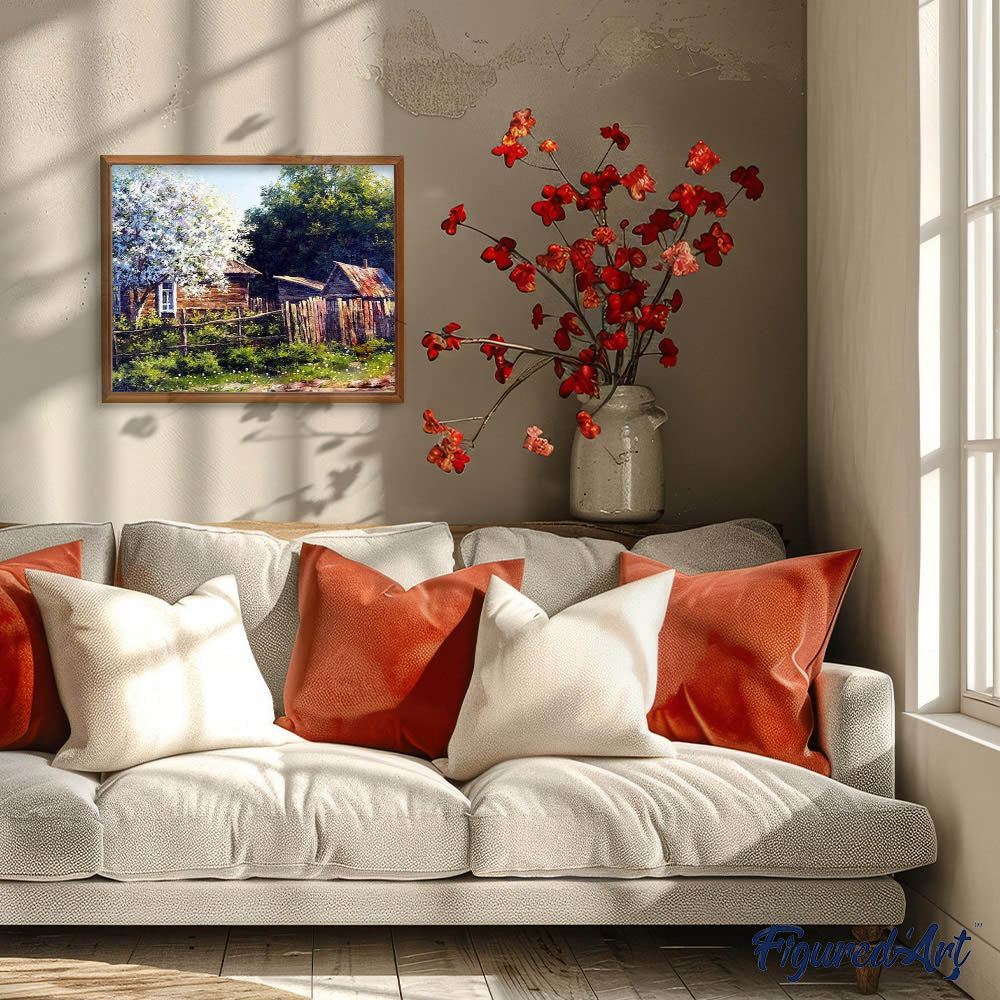 paint by numbers | Cabin and White Tree | advanced landscapes trees | FiguredArt