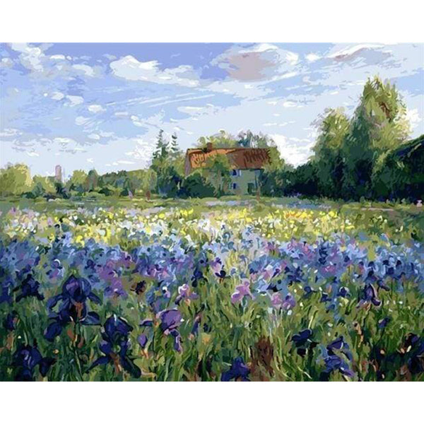 paint by numbers | Countryside field and Blue Flowers | advanced landscapes | FiguredArt