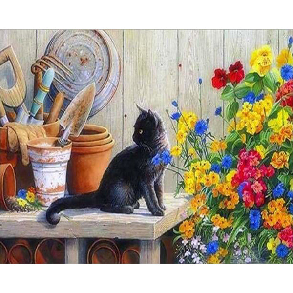 paint by numbers | Black Kitten In The Garden | advanced animals cats flowers | FiguredArt