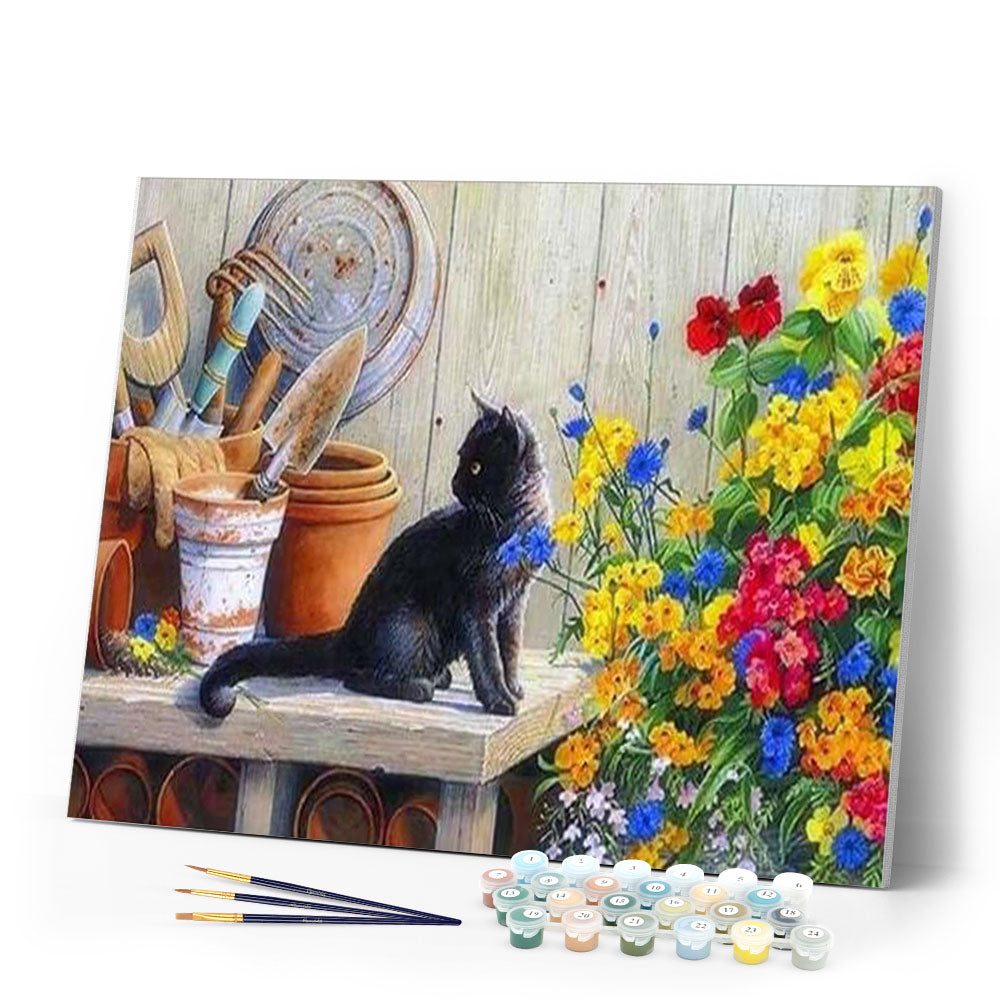 paint by numbers | Black Kitten In The Garden | advanced animals cats flowers | FiguredArt