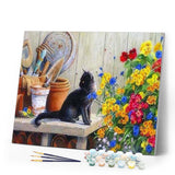 paint by numbers | Black Kitten In The Garden | advanced animals cats flowers | FiguredArt