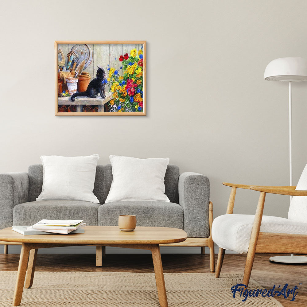 paint by numbers | Black Kitten In The Garden | advanced animals cats flowers | FiguredArt