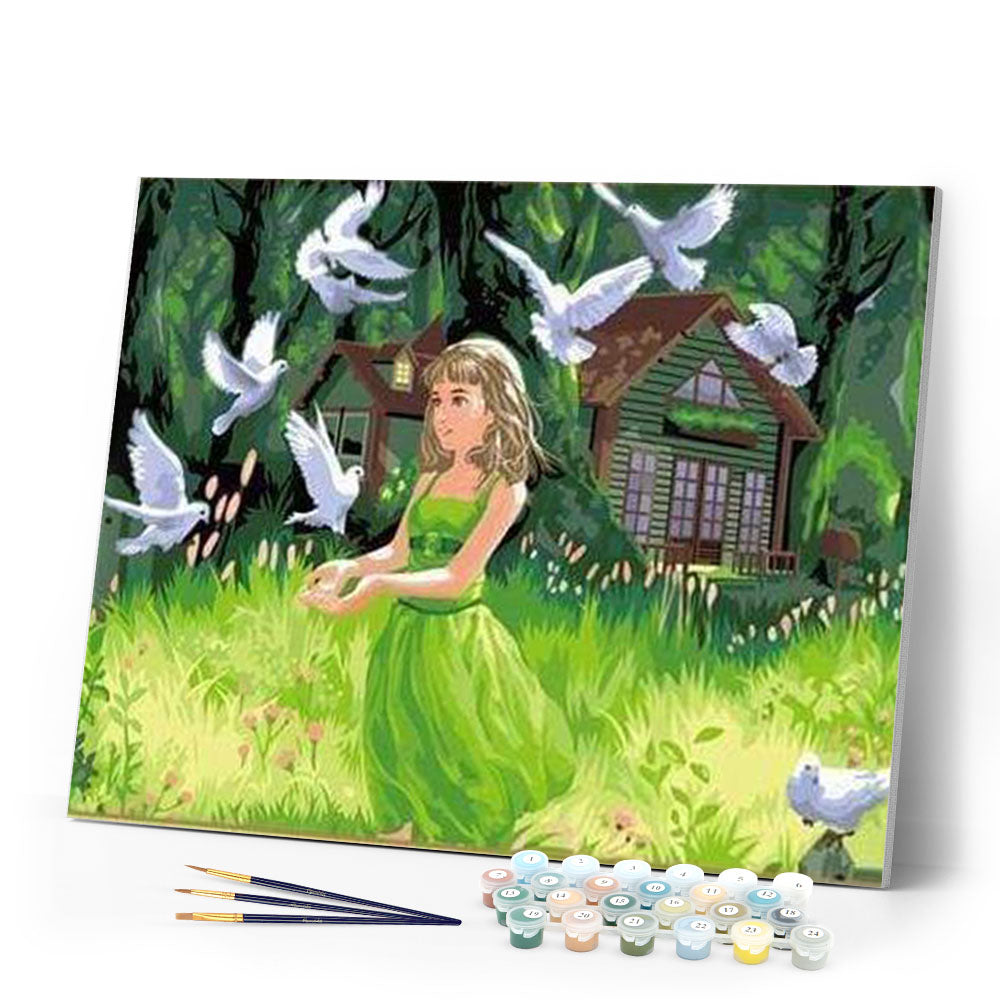 paint by numbers | Young Lady feeding Birds | animals birds intermediate kids | FiguredArt