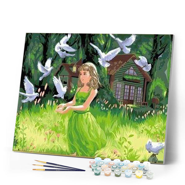 paint by numbers | Young Lady feeding Birds | animals birds intermediate kids | FiguredArt