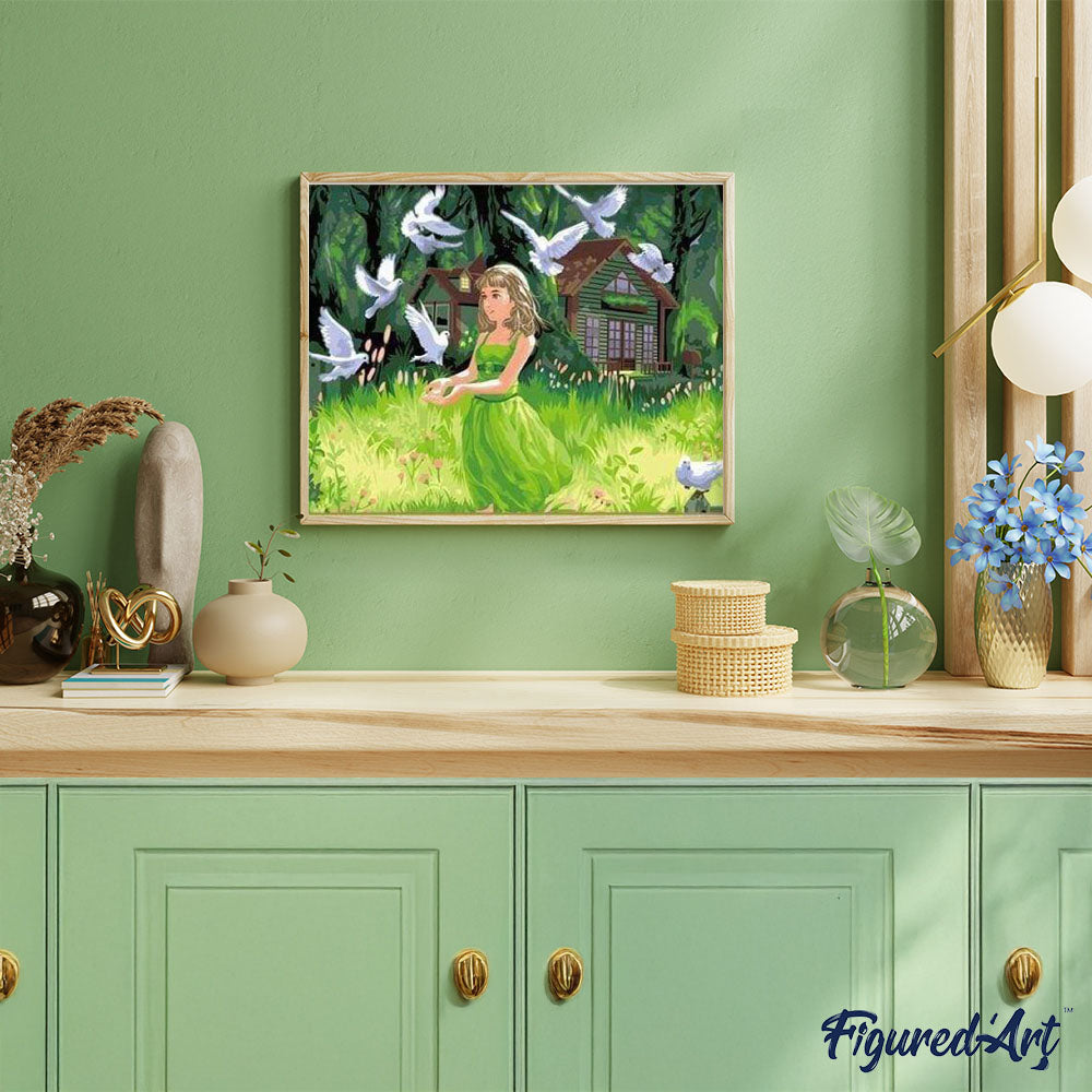 paint by numbers | Young Lady feeding Birds | animals birds intermediate kids | FiguredArt