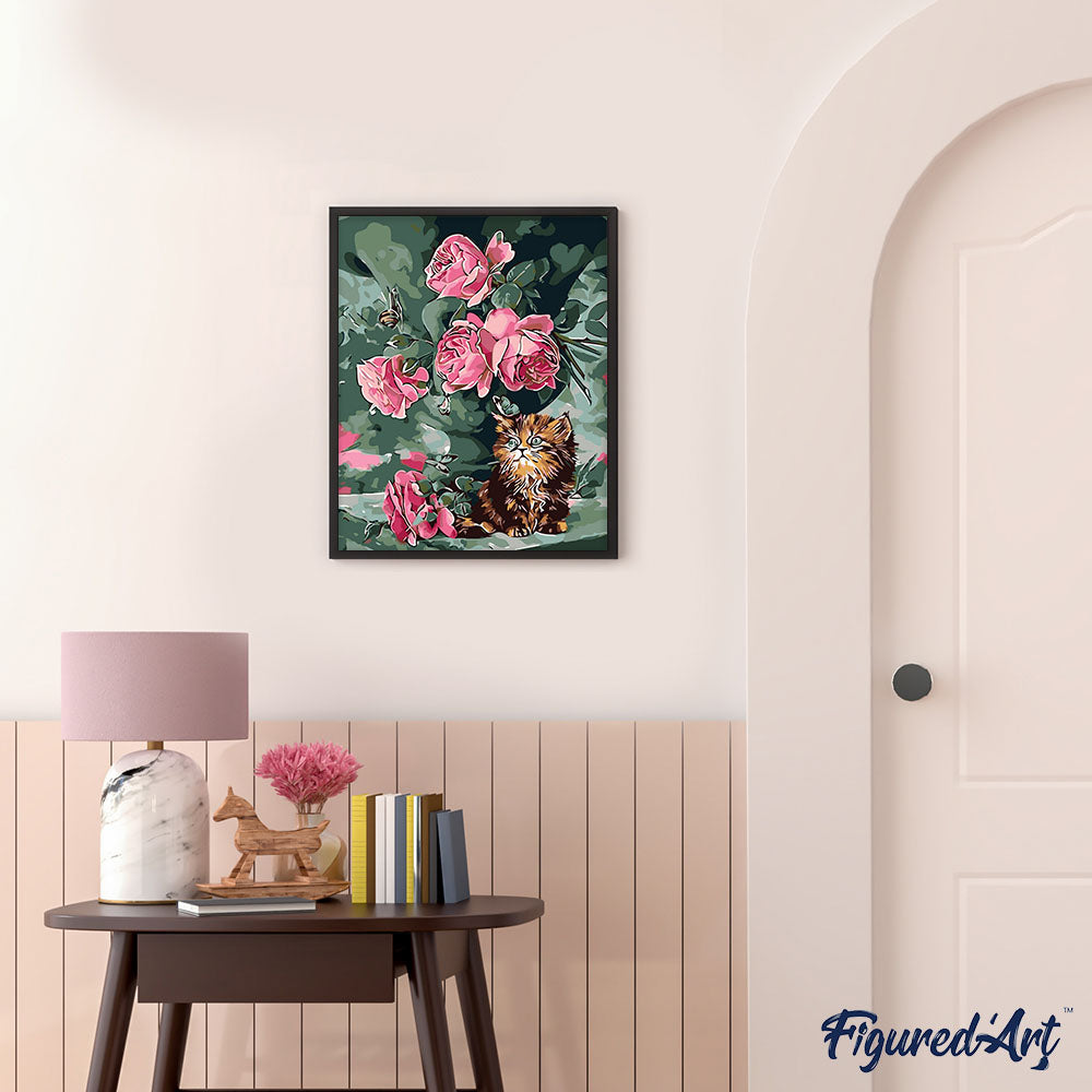 Bouquet of roses and cat