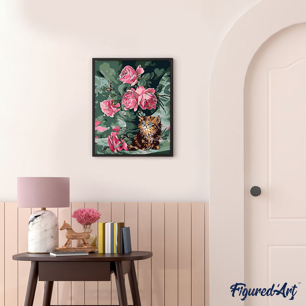 Bouquet of roses and cat