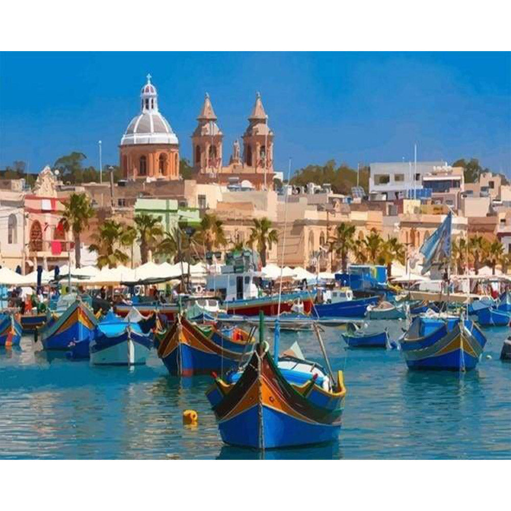 paint by numbers | Harbor in Malta | advanced landscapes ships and boats | FiguredArt