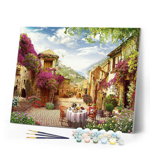 paint by numbers | breakfast in a mediterranean village | new arrivals cities landscapes advanced | FiguredArt