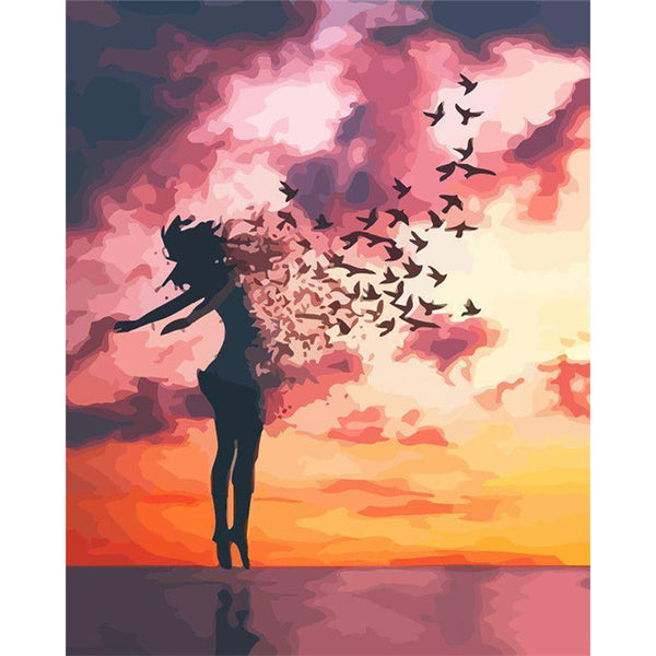 paint by numbers | women and birds at sunrise | new arrivals landscapes animals birds romance easy | FiguredArt