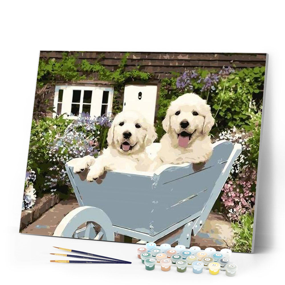 paint by numbers | Two Puppies in a Wheelbarrow | animals dogs easy | FiguredArt