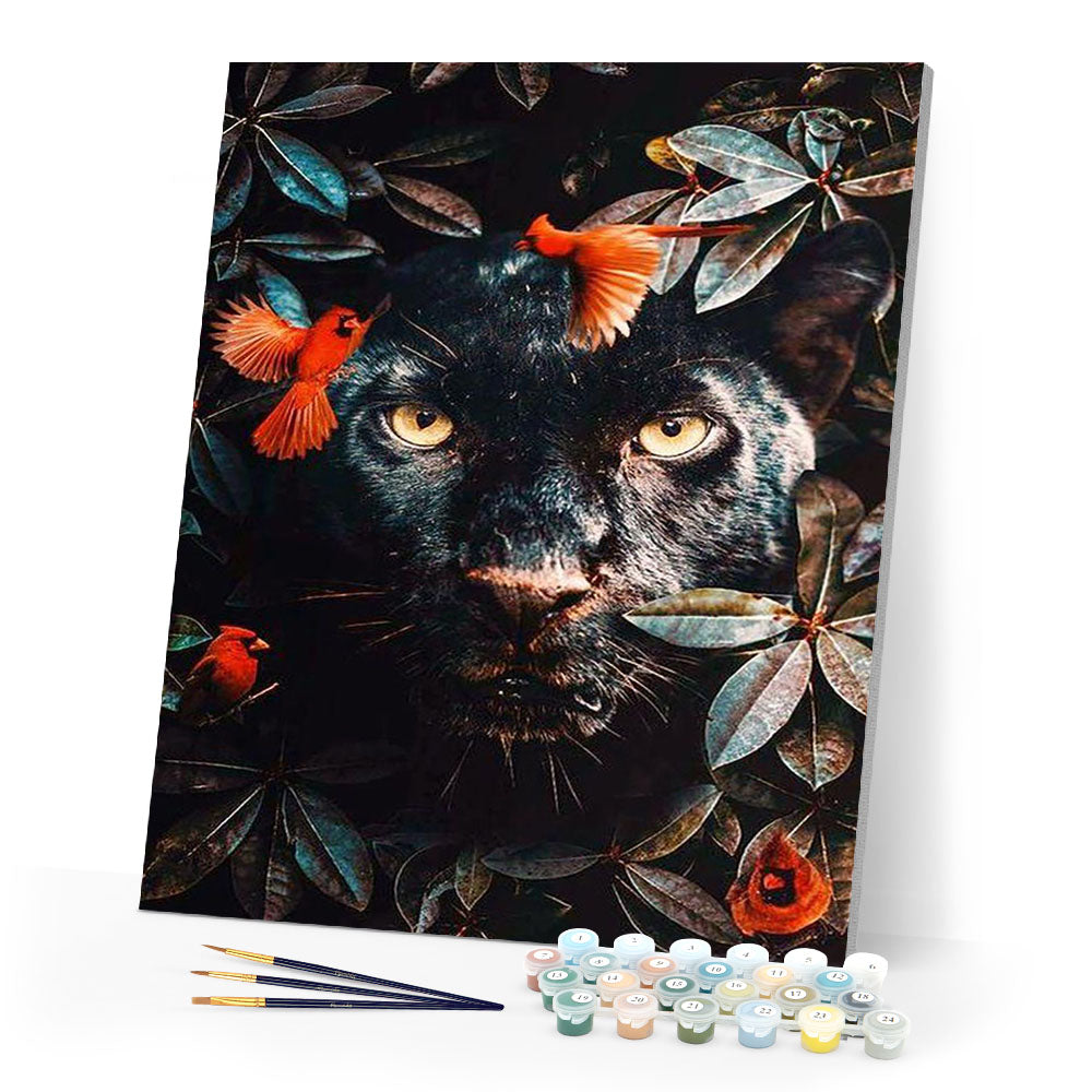 paint by numbers | black panther in the foliage and birds | new arrivals animals panthers birds intermediate | FiguredArt