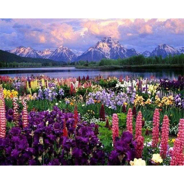 paint by numbers | Flowers and Lake near the Mountain | advanced flowers landscapes | FiguredArt