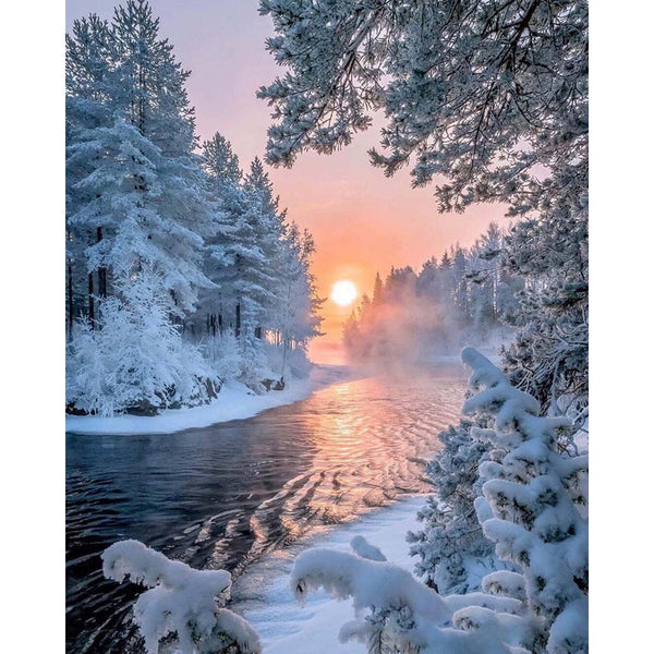 Diamond Painting - River in the middle of the forest in winter