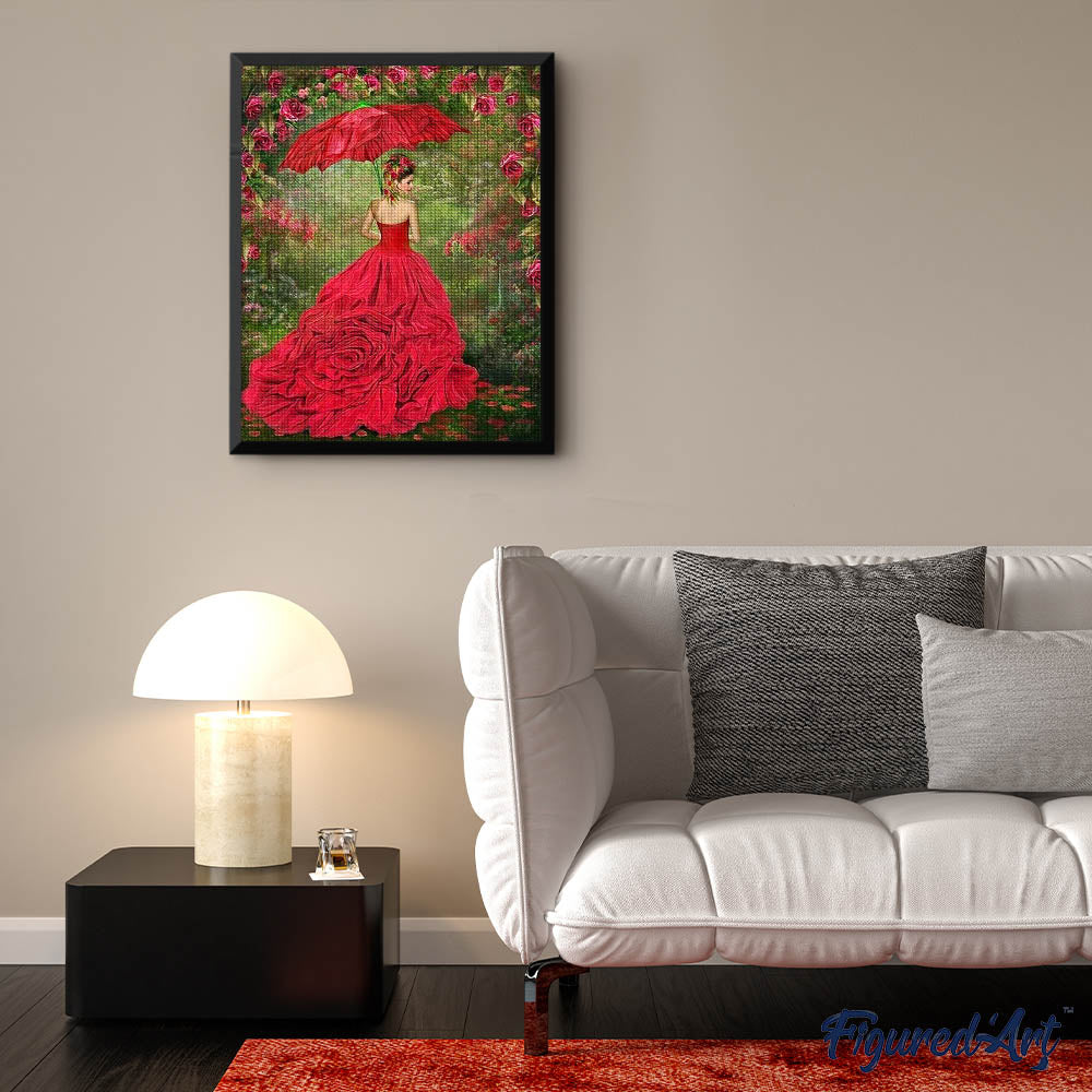 lady in red dress canvas Lady in Red Dress in Garden Painting Canvas Print, Woman in Red Poster, Woman in Scenic Garden Poster, Woman Bedroom Wall Decor
