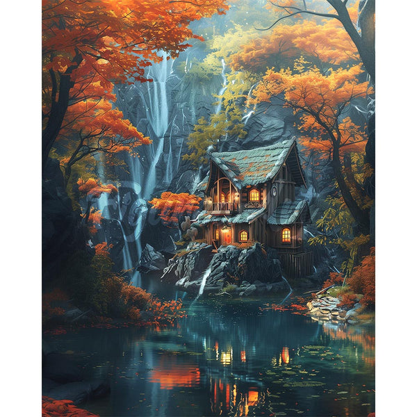 Diamond Painting - Fall Cabin by Waterfall