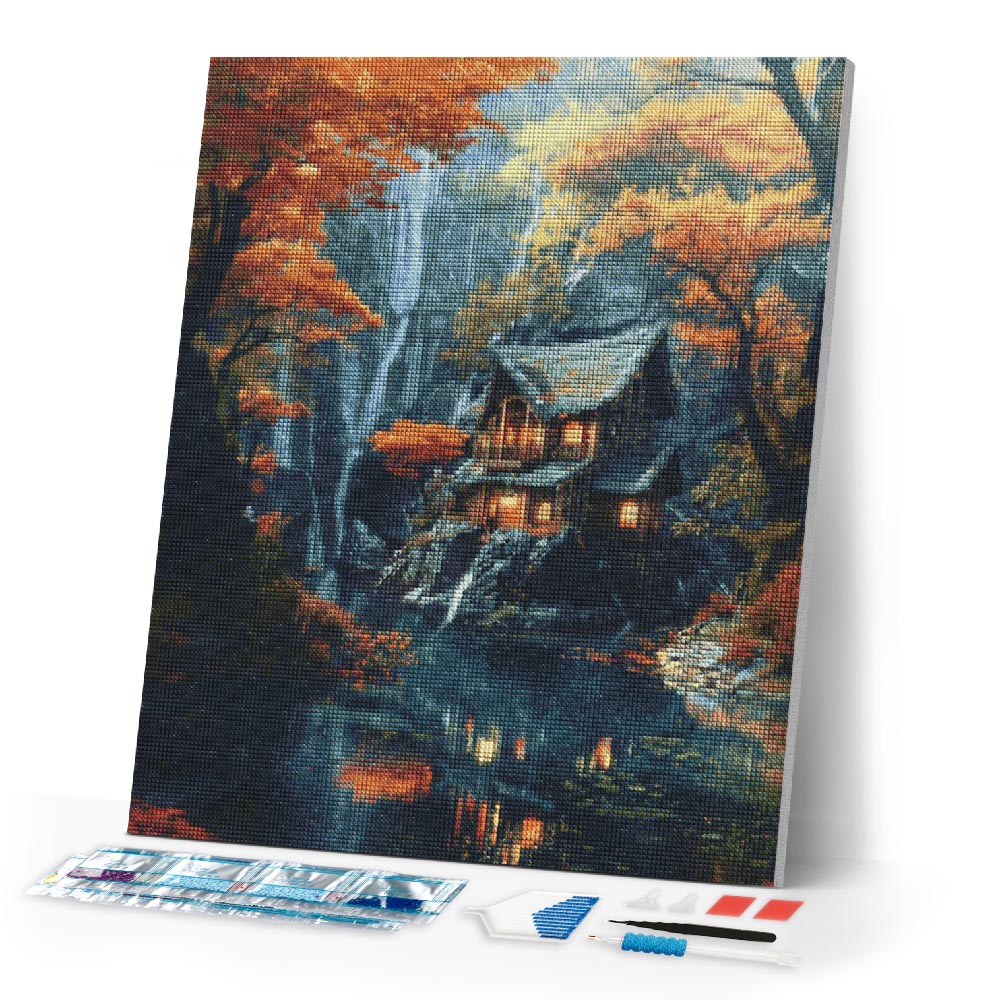 Diamond Painting - Fall Cabin by Waterfall