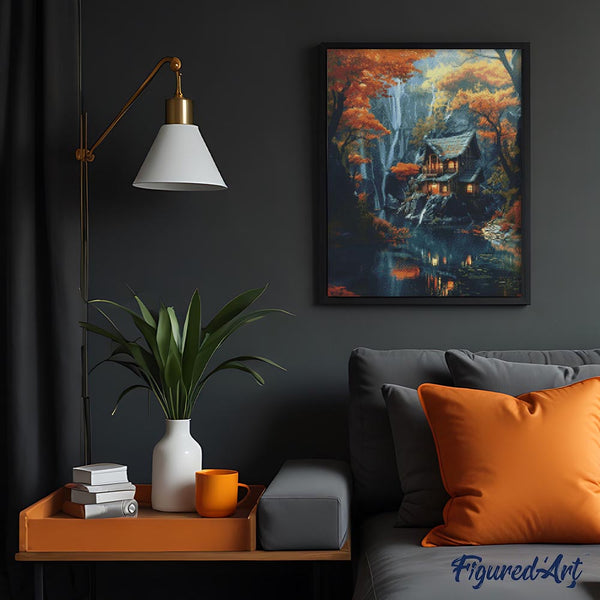 Diamond Painting - Fall Cabin by Waterfall
