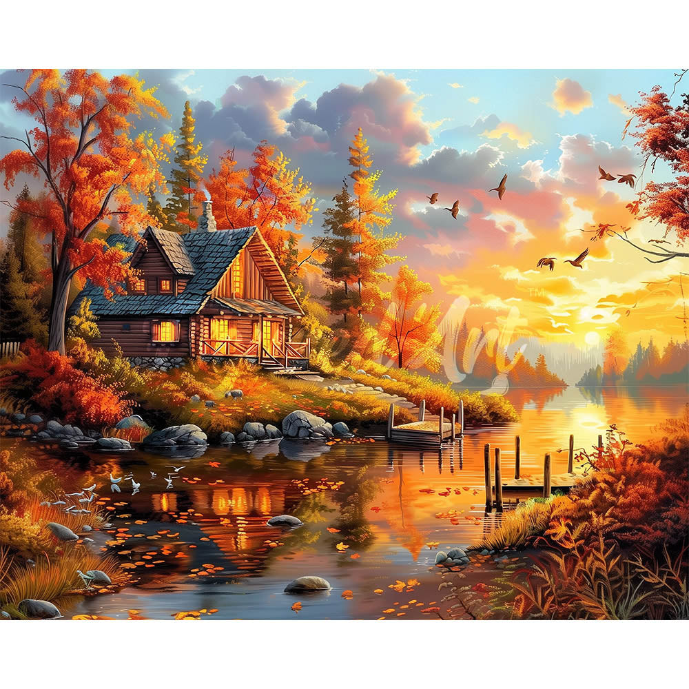 Diamond Painting - Fall Sunset by the Cabin
