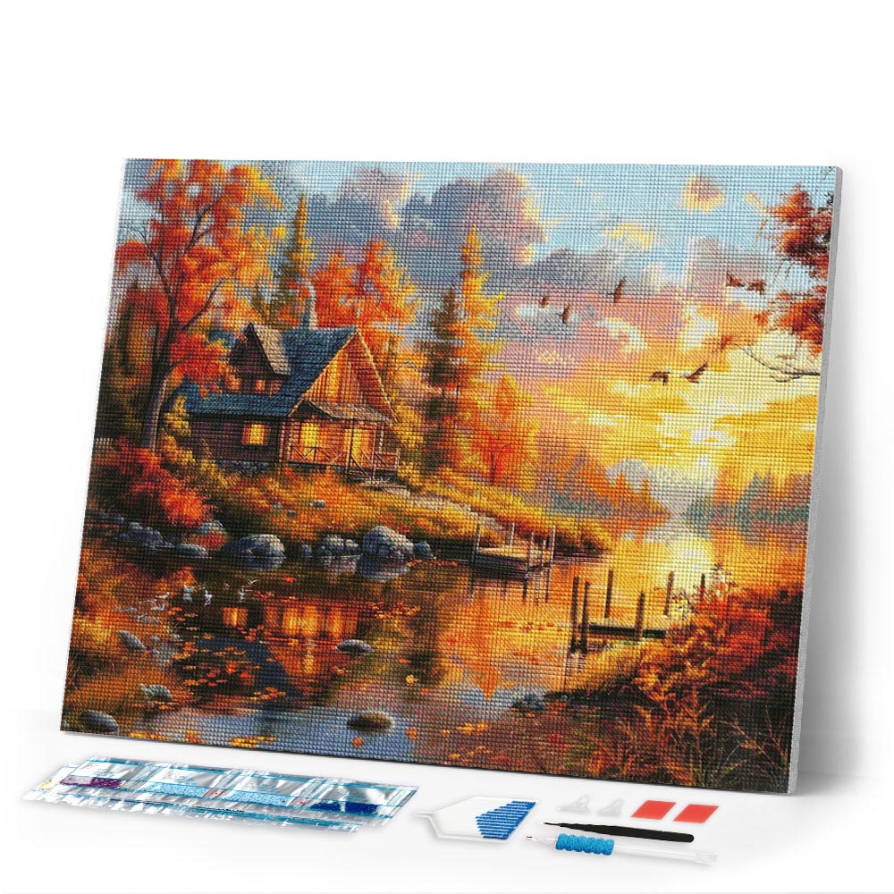 Diamond Painting - Fall Sunset by the Cabin