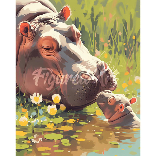 Diamond Painting - Baby Hippo Kissing Mom