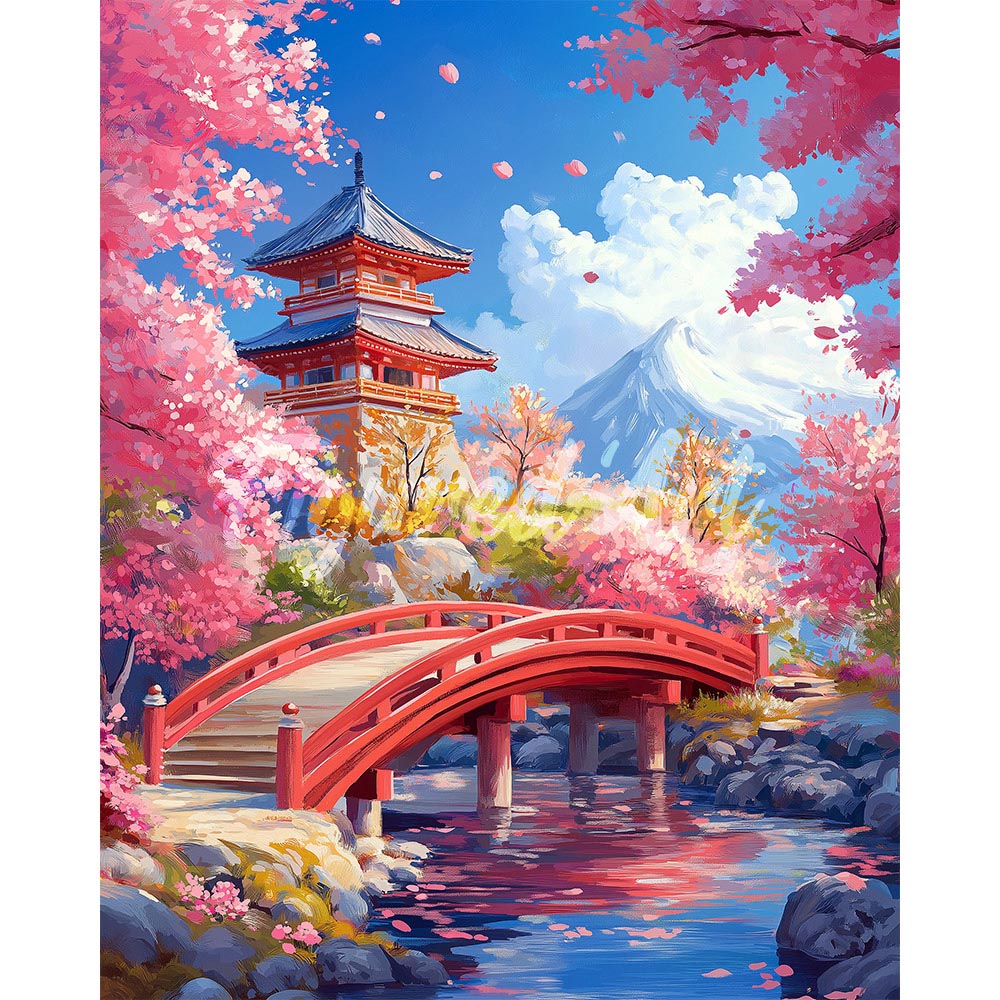 Diamond Painting - Red Bridge and Cherry Blossoms