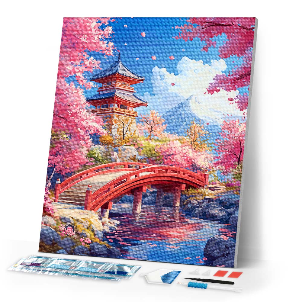 Diamond Painting - Red Bridge and Cherry Blossoms