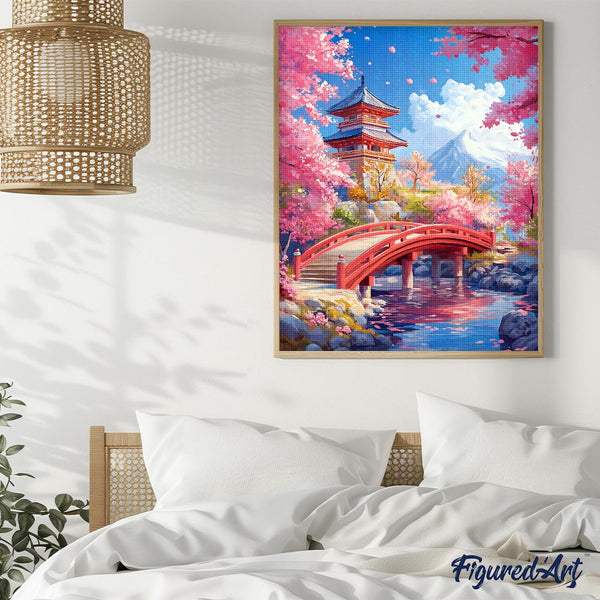 Diamond Painting - Red Bridge and Cherry Blossoms