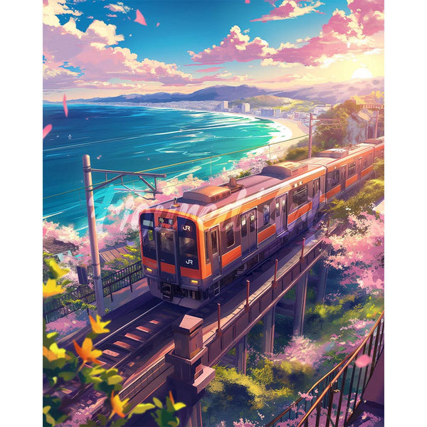 Diamond Painting - Sakura Railway by the Ocean
